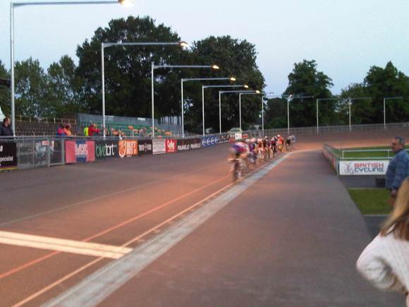 Cyclists under the lighting at the Herne Hill Velodrome